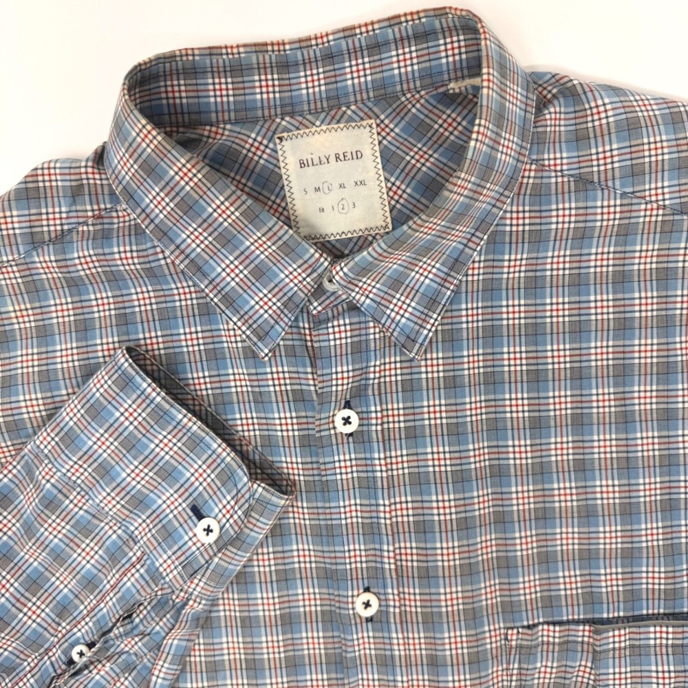 Billy Reid Mens Large Blue Red Plaid Long Sleeve Button Down Shirt Made in Italy